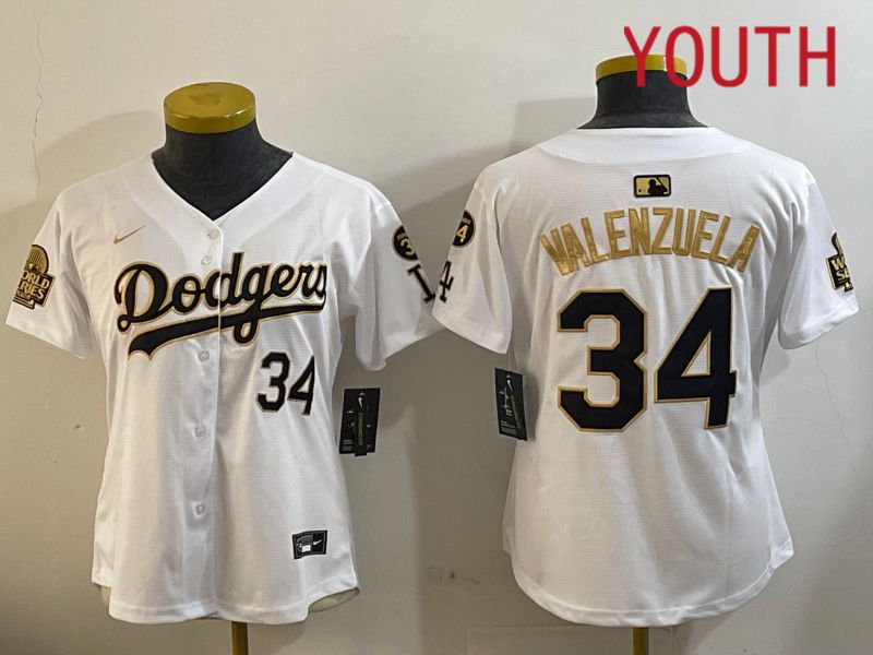 Youth  Los Angeles Dodgers #34 Valenzuela 2024 World series patch white jersey 202411201->youth mlb jersey->Youth Jersey